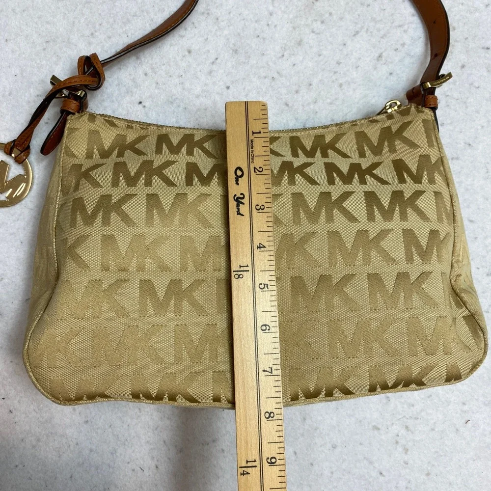 Michael Kors Monogram Jacquard Shoulder Bag Tan Beige Gold Hardware Baguette
